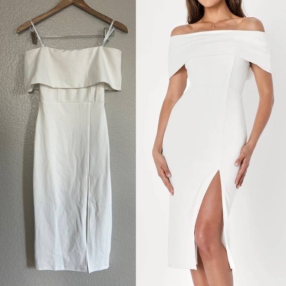 NWOT Luxe Attitude White Off-the-Shoulder Bodycon Midi Dress - Picture 1 of 7